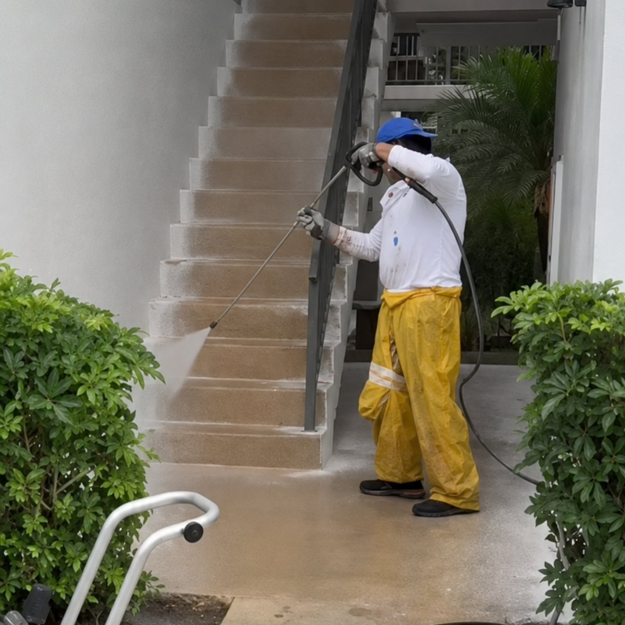 Worker providing professional pressure washing services on a building’s exterior walkway and stairs.
