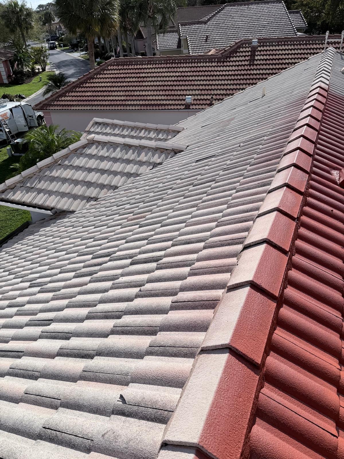 Concrete tile roof after a professional roof cleaning and roof painting project.