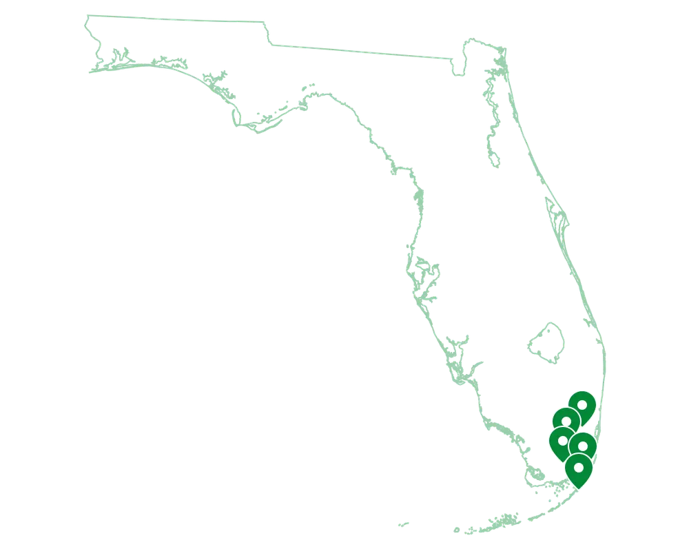 Map of EMS Painting service areas in South Florida, including Coral Springs, Parkland, Pompano Beach, Boca Raton, and Fort Lauderdale.